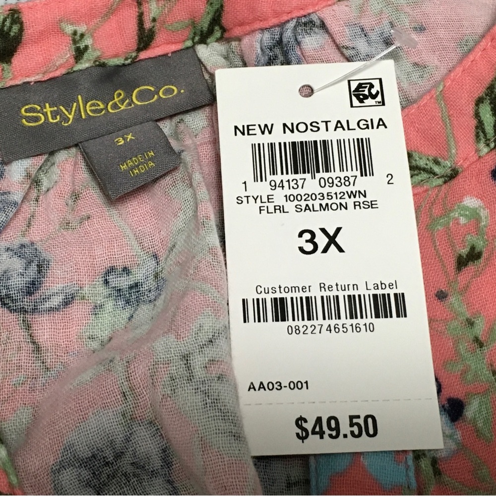 Style & Co Women's 3X Floral Salmon Split V-Neck Long Sleeve Pullover Blouse - Picture 5 of 9